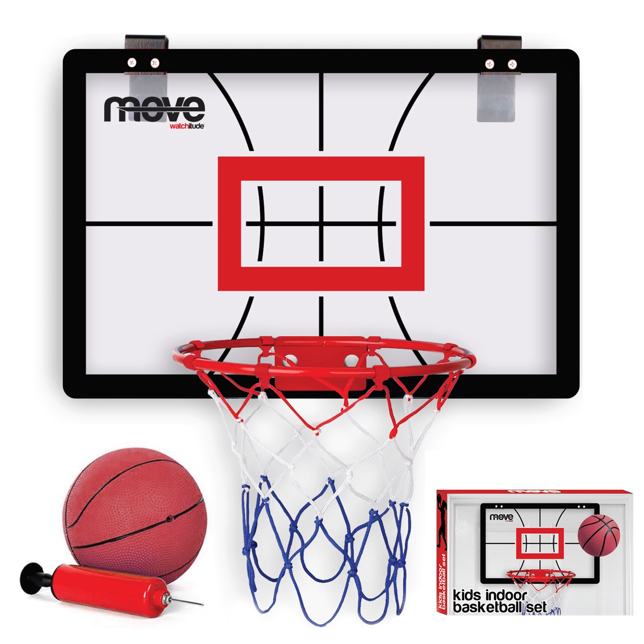 Watchitude Move: Kids Indoor Basketball Hoop Set - Over The Door Hanging, Ball & Pump, Backboard With Net, Training & Practice, Sports Basket, Ages 6+
